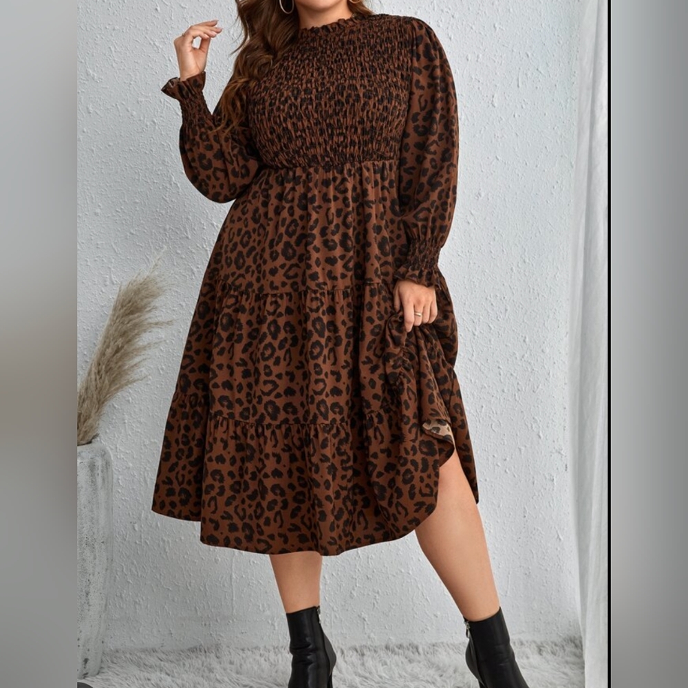 Brown Animal Print Ruched Dress
